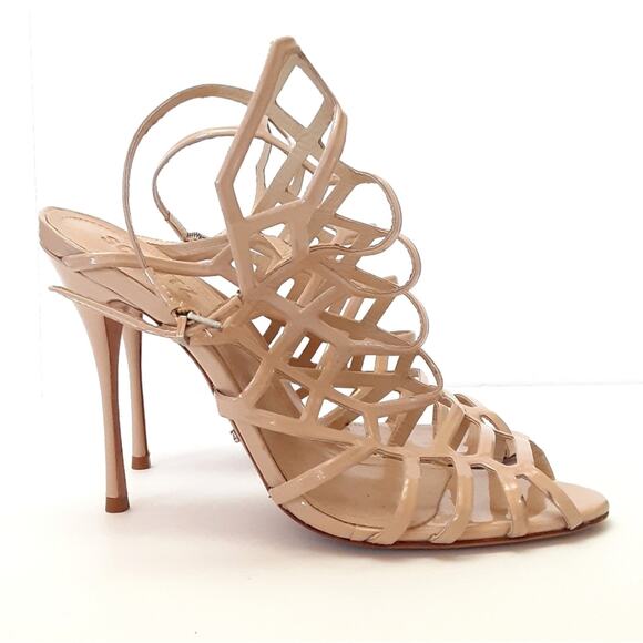 Shutz Juliana Caged Heels Nude Patent Leather Peep Toe Strap Heels 8 Wedding - Picture 4 of 14